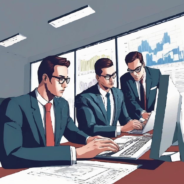 Drawing of men in front of a computer with a graph on it