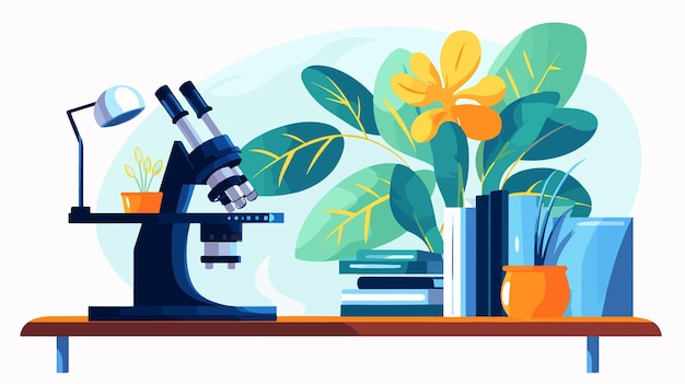 Vector a drawing of a microscope with a plant and flowers on it