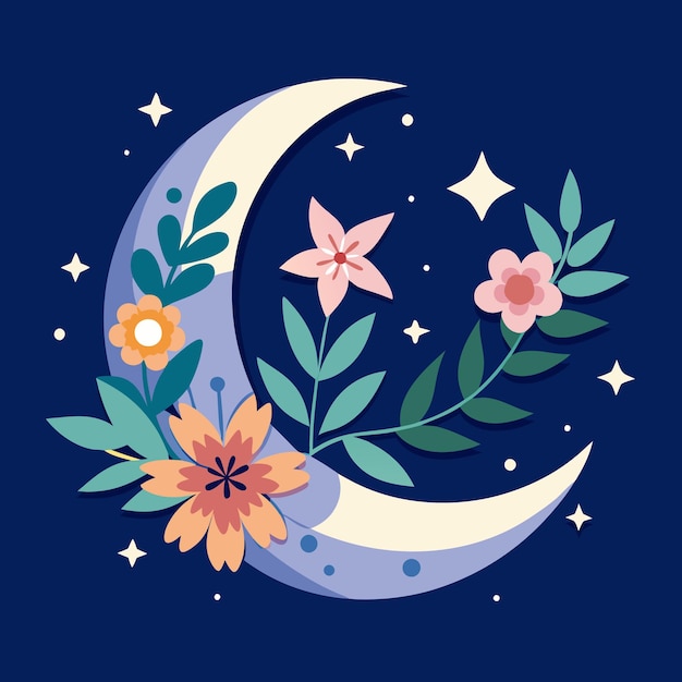 Vector a drawing of a moon and flowers with a blue background