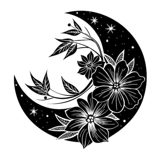 a drawing of a moon with flowers and the moon