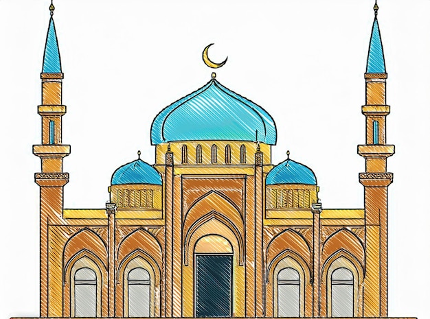 Vector a drawing of a mosque with a blue dome and a crescent moon