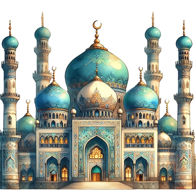 Vector a drawing of a mosque with a blue dome and a large black and gold cross