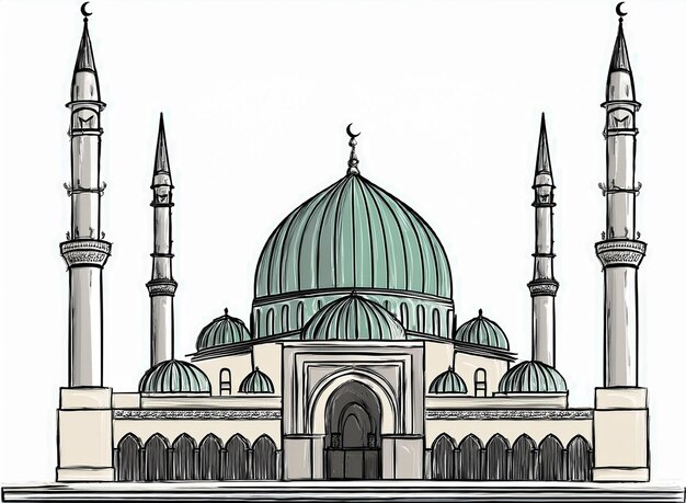 Vector a drawing of a mosque with a green dome and a blue dome