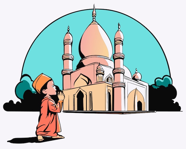 a drawing of a mosque with a man standing in front of it