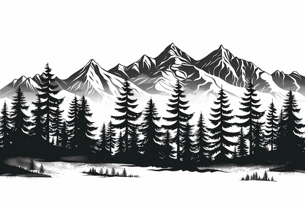 a drawing of a mountain range with trees in the background