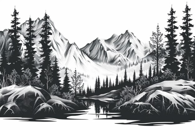 Vector a drawing of a mountain with a lake in the background