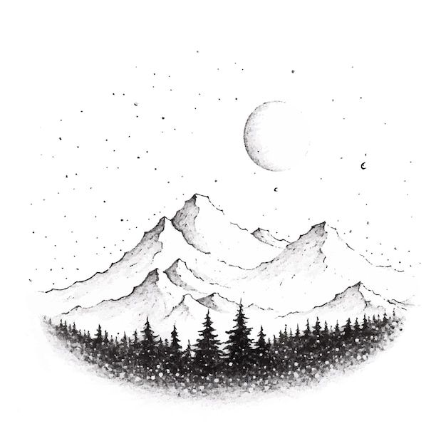 Vector a drawing of a mountain with a moon and trees in the background