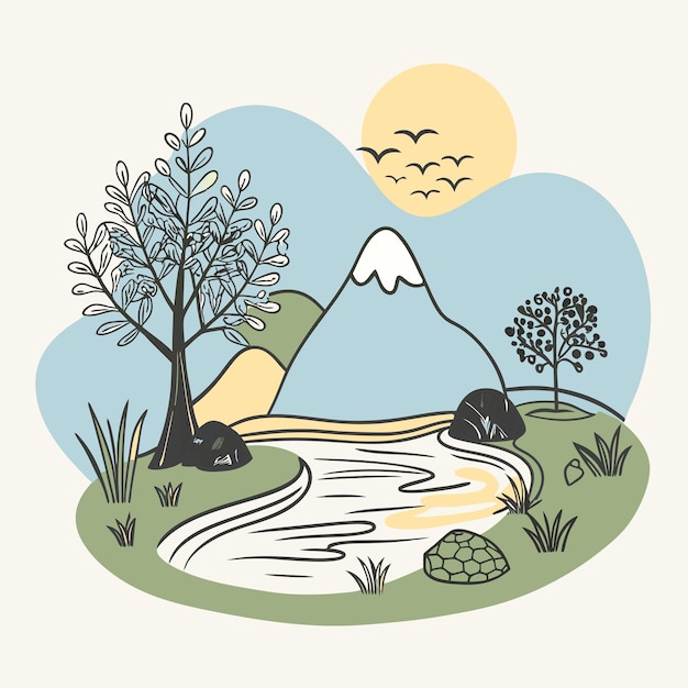 Vector a drawing of a mountain with a mountain and trees