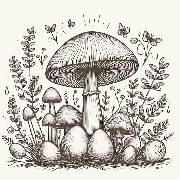 Vector a drawing of a mushroom with a picture of mushrooms and butterflies