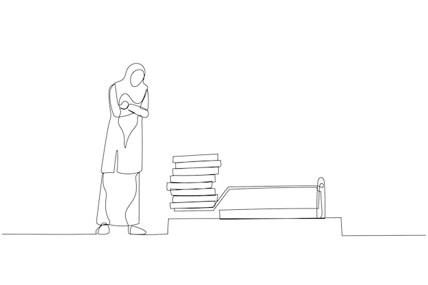 Drawing of muslim business woman looking analyze dollar coin profit on mousetrap One line style art