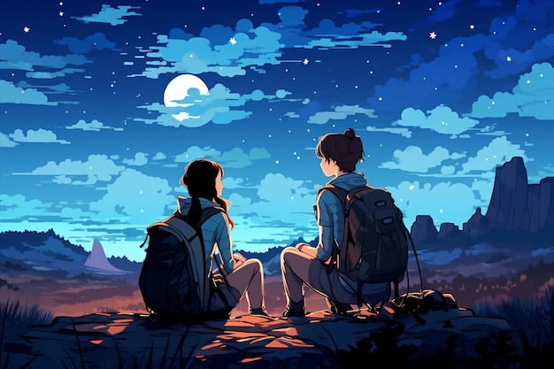 Drawing Night Stock Image Couple Camping