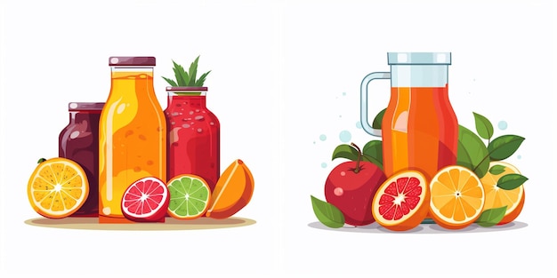 a drawing of oranges and apples next to a jar of orange juice