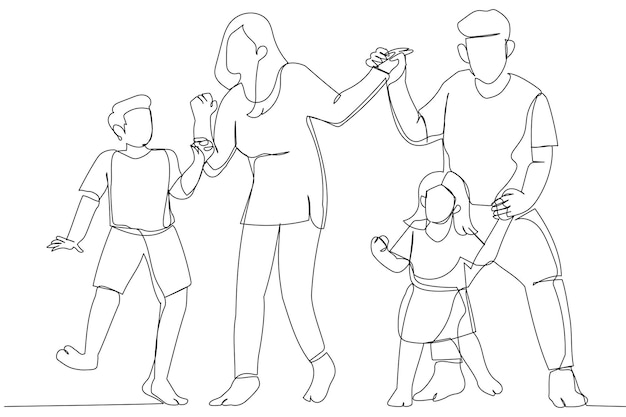 Drawing of overjoyed family jumping to music in living room Single continuous line art