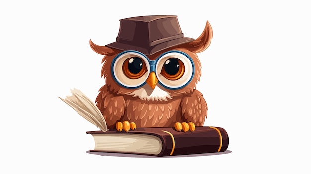 Vector a drawing of an owl reading a book with a hat on it