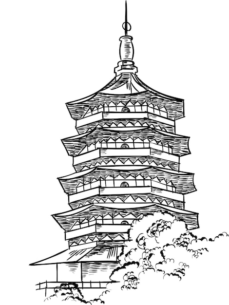 a drawing of a pagoda tower with a sky background