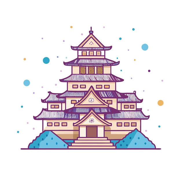 a drawing of a pagoda with a blue sky and a white background