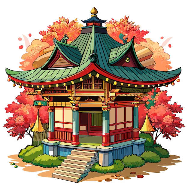 a drawing of a pagoda with a green roof and a red roof