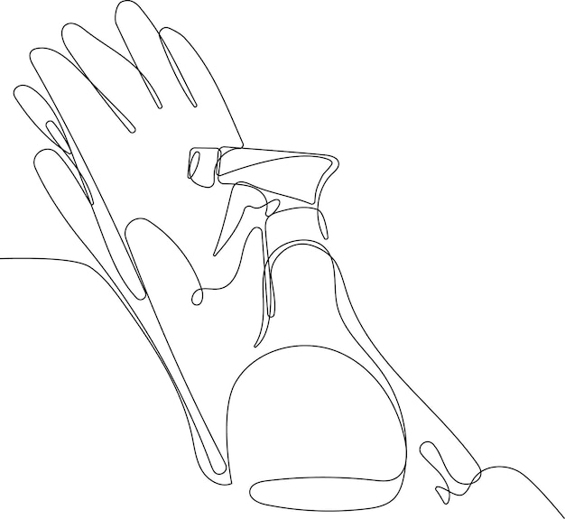 A drawing of a pair of gloves with a spray bottle on it.