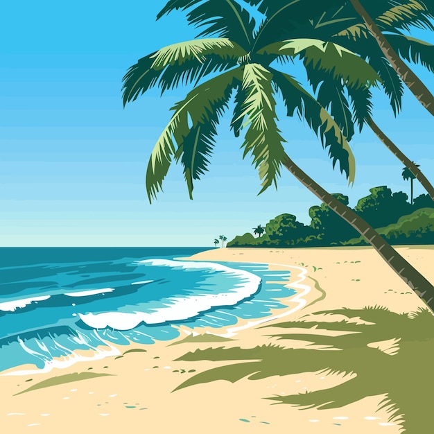 a drawing of a palm tree on a beach with the ocean in the background