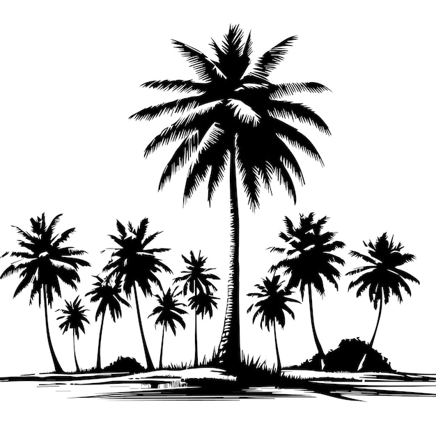 a drawing of a palm tree with a black and white background