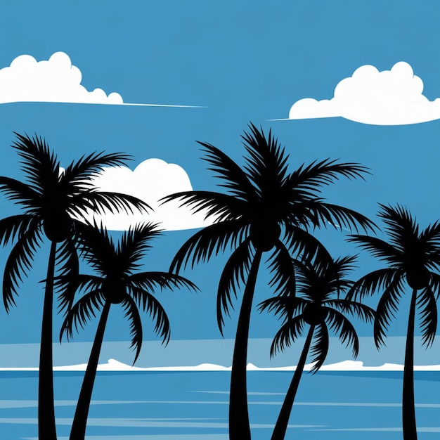 a drawing of palm trees on the beach with a blue sky and clouds