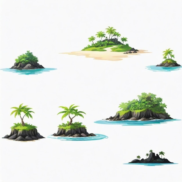 a drawing of palm trees and island with a beach in the background