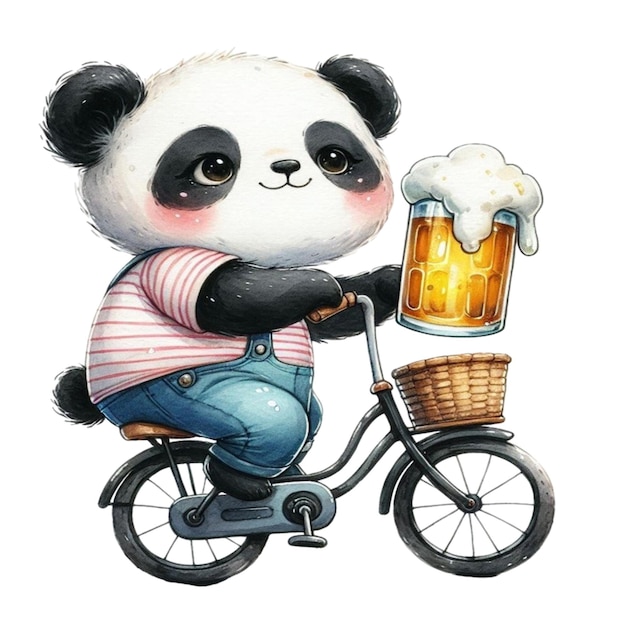 Vector a drawing of a panda bear riding a bike with a beer in his hand