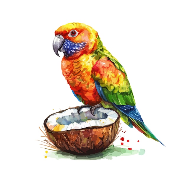 a drawing of a parrot with a bowl of rice and a bird on it