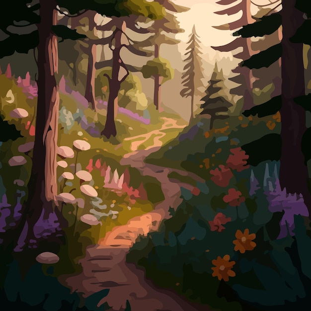 A drawing of a path in a forest with a sun shining on it.