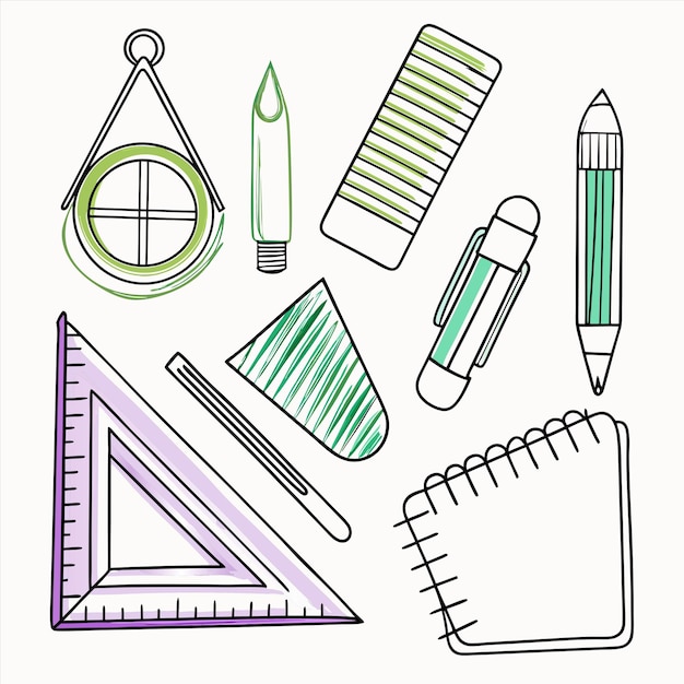 Vector a drawing of a pencils and pens with a ruler in the middle