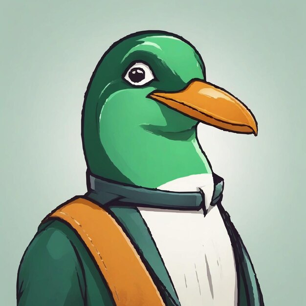 Vector drawing of a penguin with green eyes and a white background