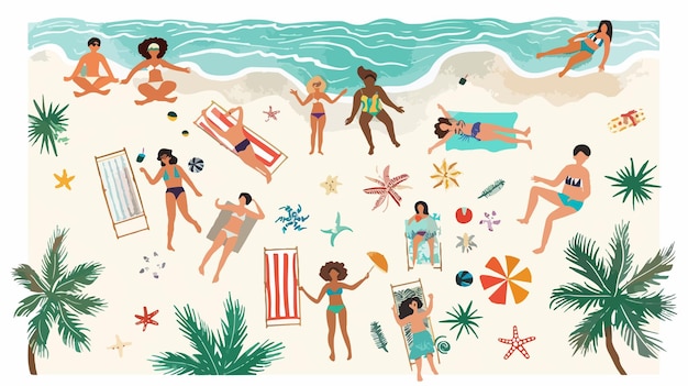 Vector a drawing of people on a beach with a beach chair and umbrella