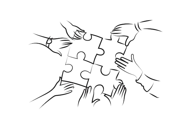 Vector a drawing of people putting together jigsaw puzzle pieces.