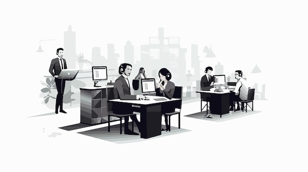 a drawing of people at a table with a computer on it