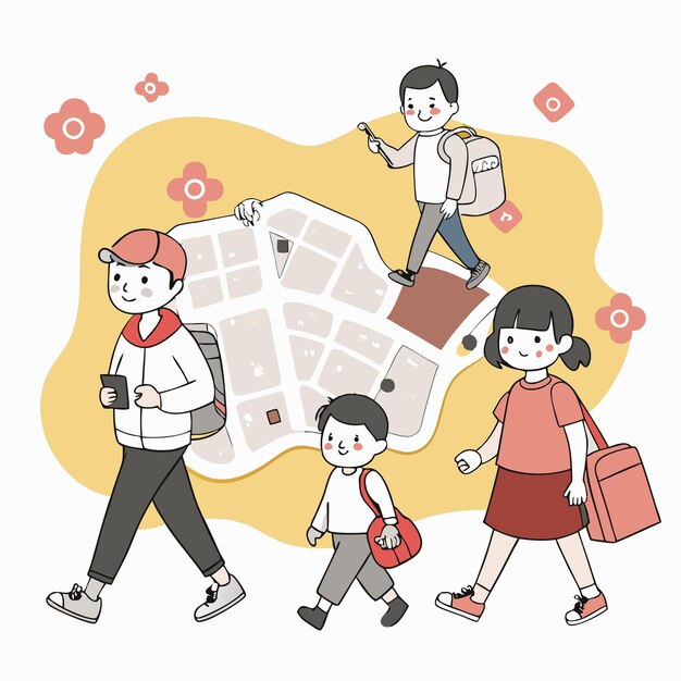 Vector a drawing of people walking with a map of the world on it