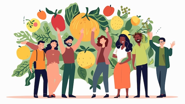 Vector a drawing of people with a fruit and vegetables