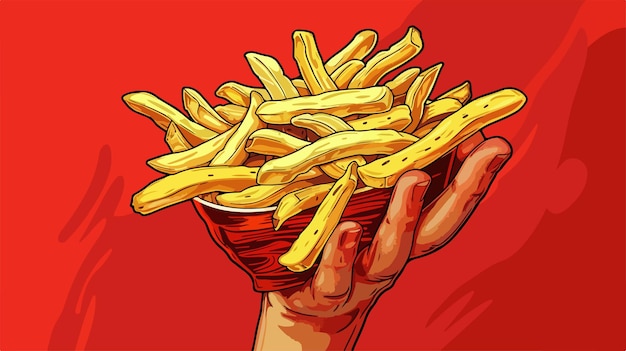 a drawing of a person holding a bowl of pasta with a red background