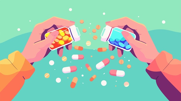 Vector a drawing of a person holding a bunch of pills and a blue background with a picture of a person holding a capsule