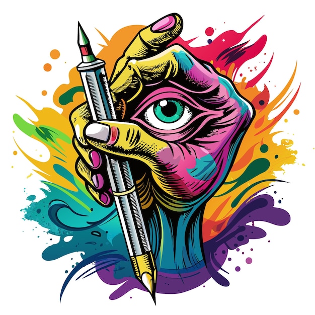 Vector a drawing of a person holding a pen with an eye on it