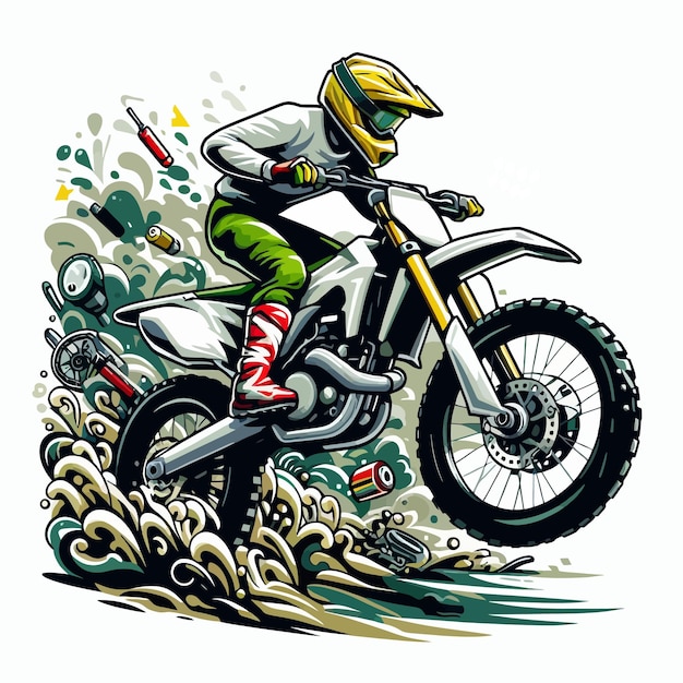 a drawing of a person on a motorcycle in the water