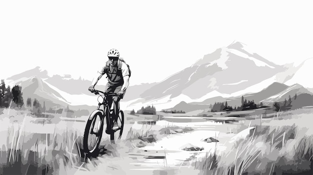 Vector a drawing of a person riding a bike in a field