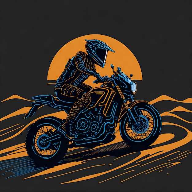 A drawing of a person riding a motorcycle with the sun behind it.