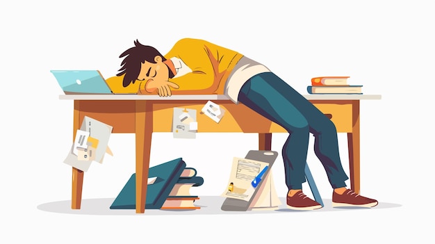 a drawing of a person sleeping on a desk with a book on the table