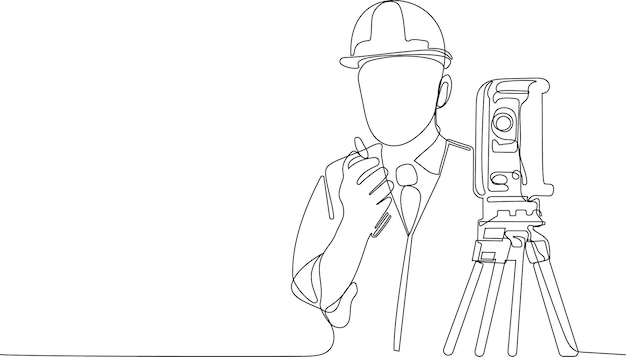 A drawing of a person wearing a helmet and holding a tripod.