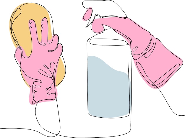 A drawing of a person wearing pink gloves and a bottle of liquid.