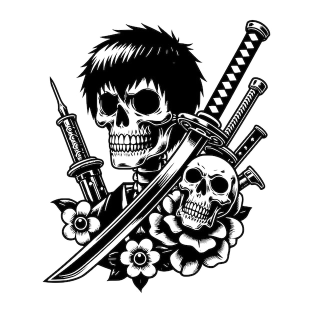 a drawing of a person with a sword and a skull on it