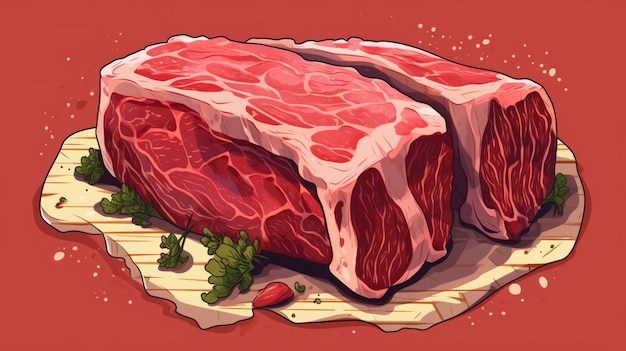 a drawing of a piece of meat with a red background