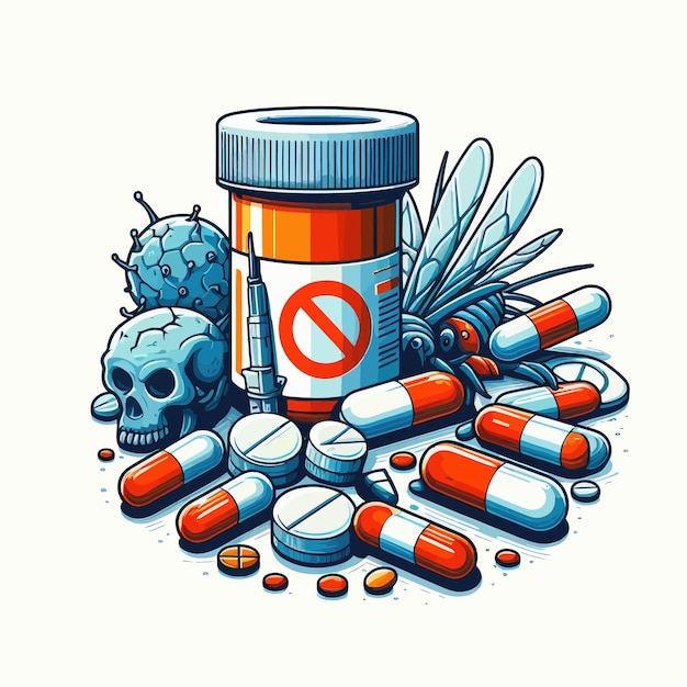 Vector a drawing of pills and a skull with a no smoking sign in the middle