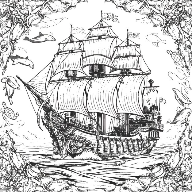 Vector a drawing of a pirate ship with a ship in the background