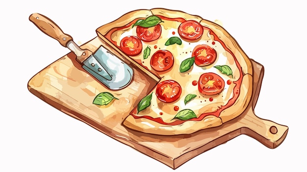 a drawing of a pizza with a bottle of olive oil and a bottle of olive oil